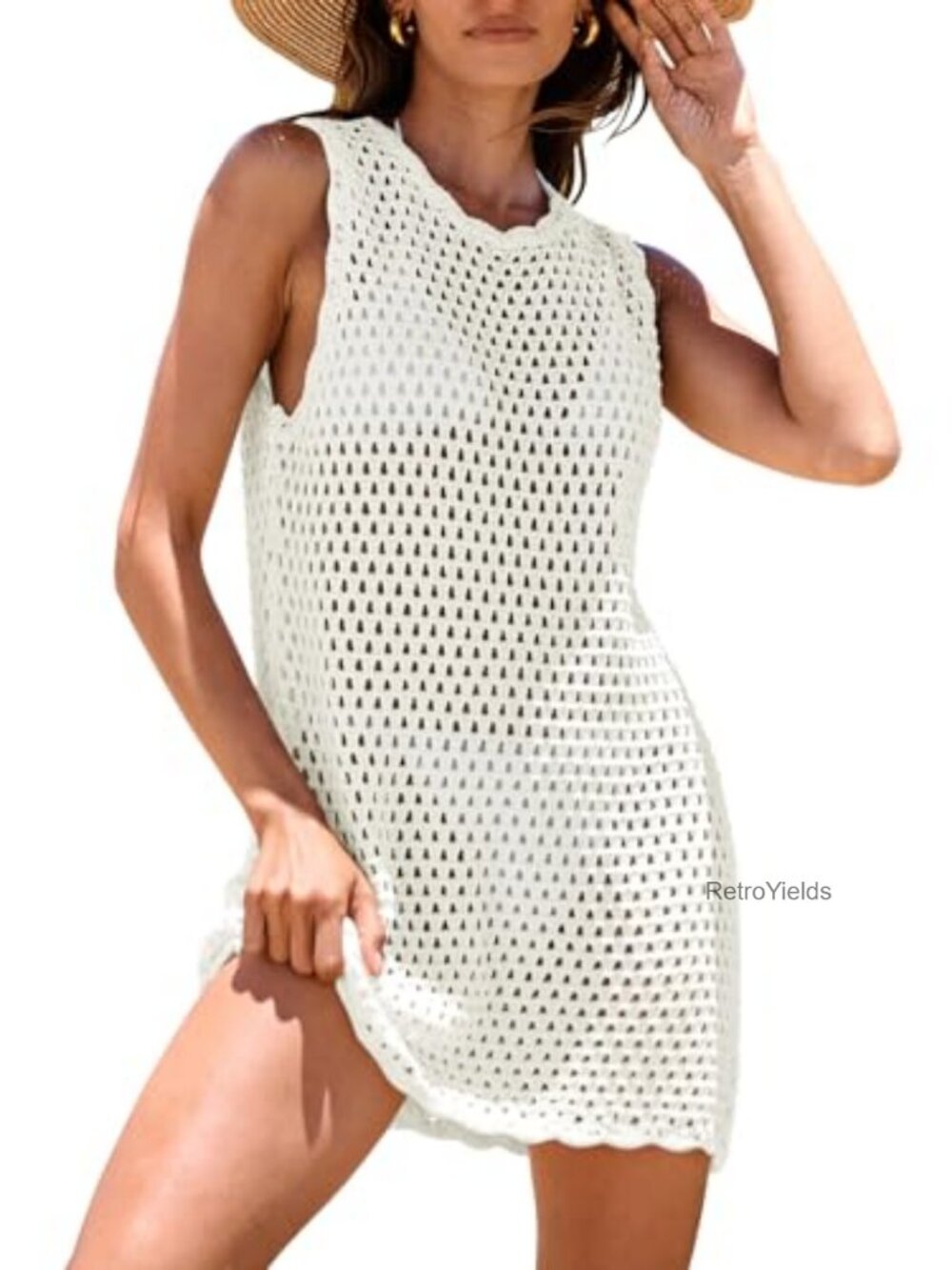 Crochet Mini Dress Swimsuit Coverup Sleeveless Hollow Out Mesh
